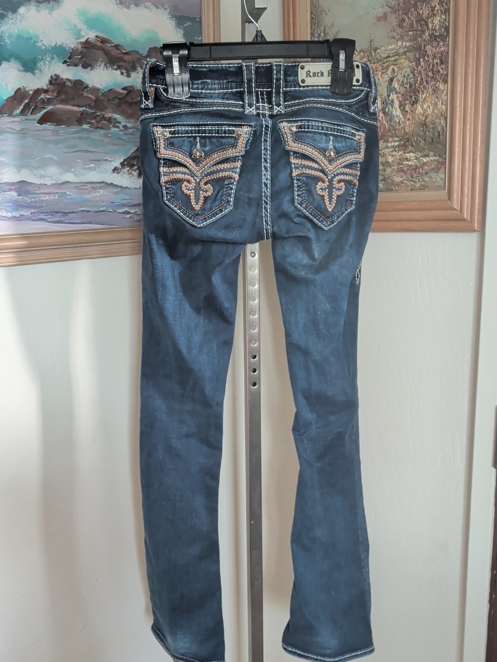 Rock Revival Dark Blue Denim Bootcut Jeans with Embellished Back Pockets